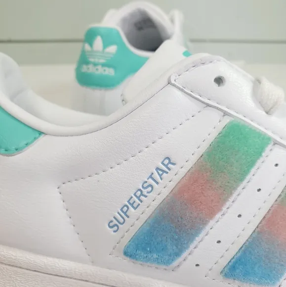 Adidas Superstar Fluffy White Teal Pink Strips Casual Fashion Sneakers Women's 5