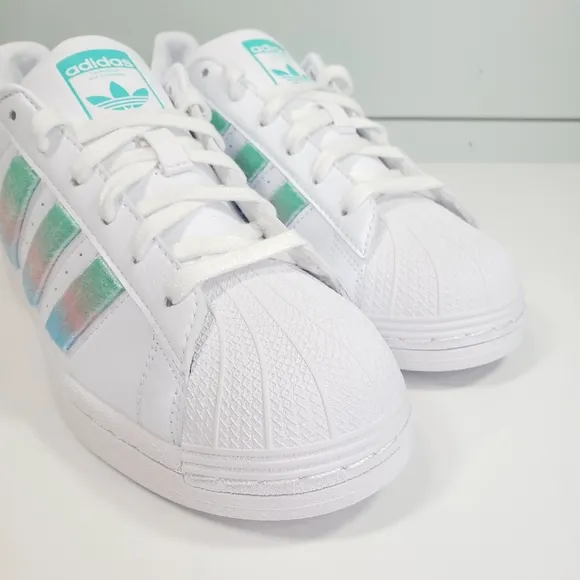 Adidas Superstar Fluffy White Teal Pink Strips Casual Fashion Sneakers Women's 5