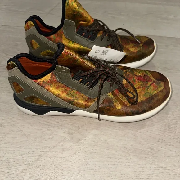 Adidas Yellow and Brown Tubular Runner Dark/Fox Sneakers with Artistic Design