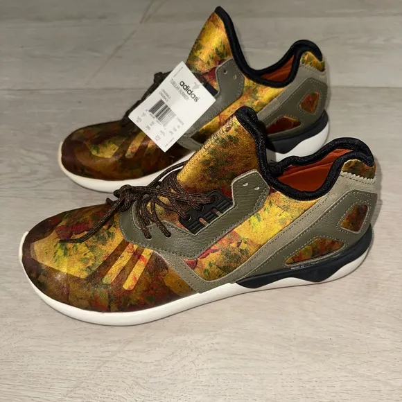 Adidas Yellow and Brown Tubular Runner Dark/Fox Sneakers with Artistic Design