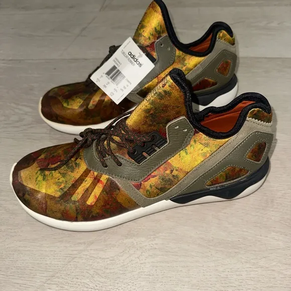 Adidas Yellow and Brown Tubular Runner Dark/Fox Sneakers with Artistic Design