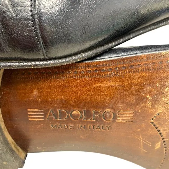 Adolfo Black Leather‎ Embossed Vamp Tasseled Dress Loafers