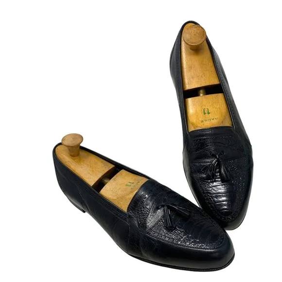 Adolfo Black Leather‎ Embossed Vamp Tasseled Dress Loafers