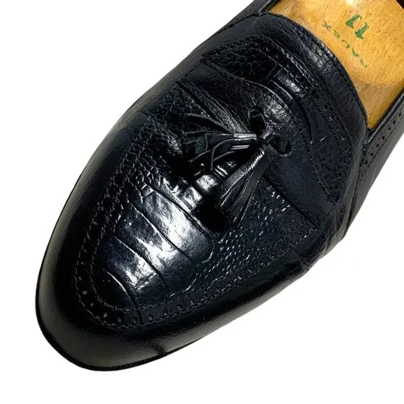 Adolfo Black Leather‎ Embossed Vamp Tasseled Dress Loafers