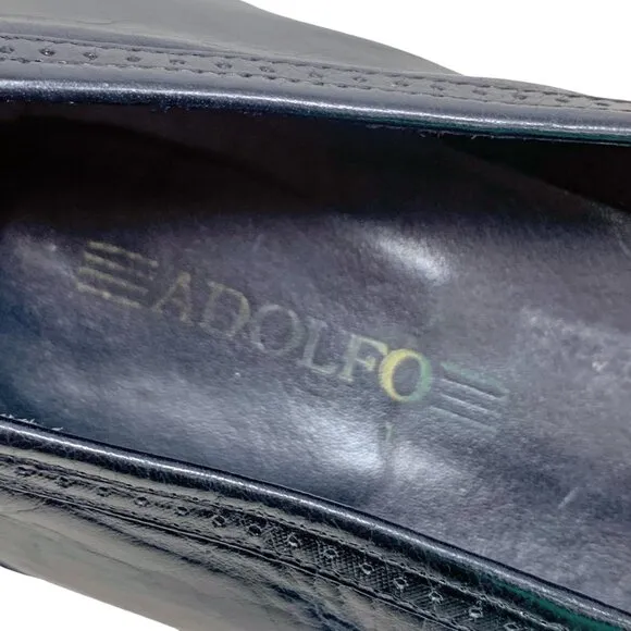 Adolfo Black Leather‎ Embossed Vamp Tasseled Dress Loafers