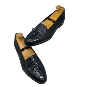 Adolfo Black Leather‎ Embossed Vamp Tasseled Dress Loafers