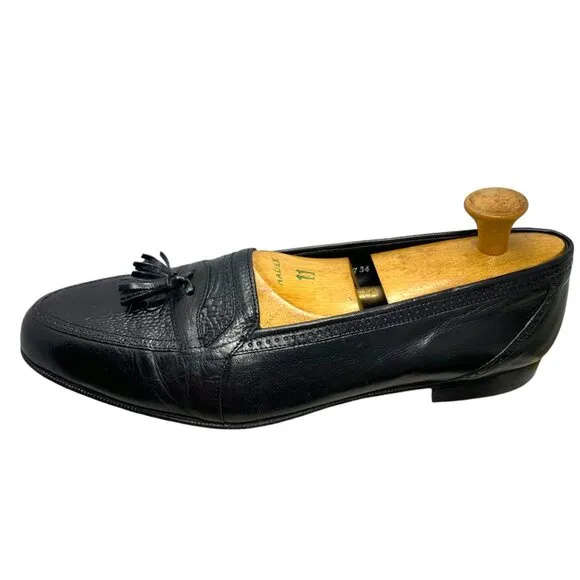 Adolfo Black Leather‎ Embossed Vamp Tasseled Dress Loafers