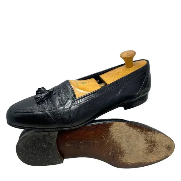 Adolfo Black Leather‎ Embossed Vamp Tasseled Dress Loafers