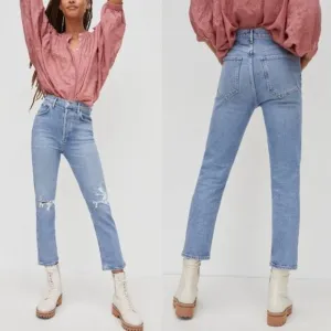 Agolde Riley High Rise Straight Crop Jeans in Whiplash Medium Blue 24