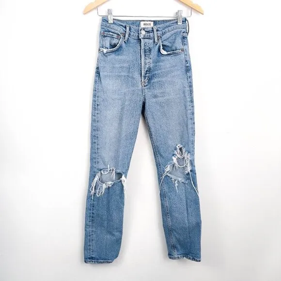 Agolde Riley High Rise Straight Crop Jeans in Whiplash Medium Blue 24