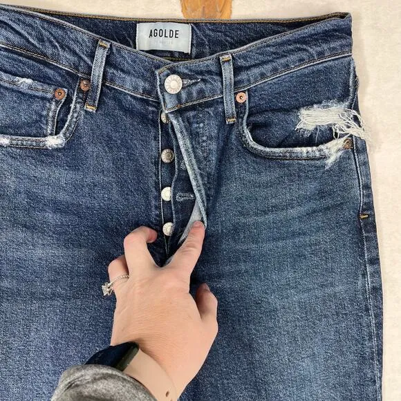 Agolde Riley high rise straight crop size 25 button fly raw hems dark wash