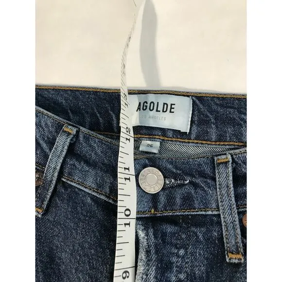 Agolde Riley high rise straight crop size 25 button fly raw hems dark wash