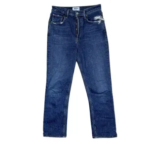 Agolde Riley high rise straight crop size 25 button fly raw hems dark wash