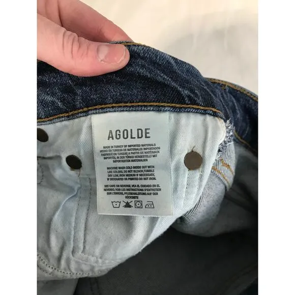 Agolde Riley high rise straight crop size 25 button fly raw hems dark wash