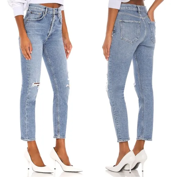 AGOLDE • Riley High Rise Straight Jean in Whiplash ankle distressed button fly