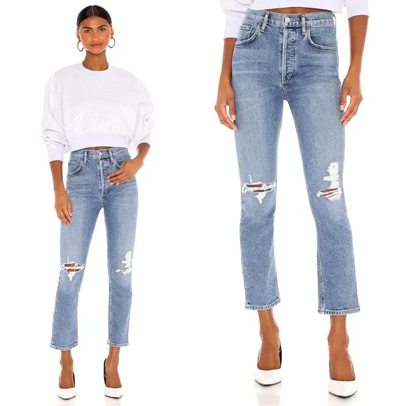 AGOLDE • Riley High Rise Straight Jean in Whiplash ankle distressed button fly