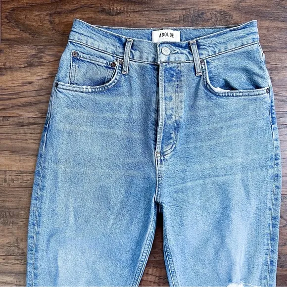 AGOLDE • Riley High Rise Straight Jean in Whiplash ankle distressed button fly