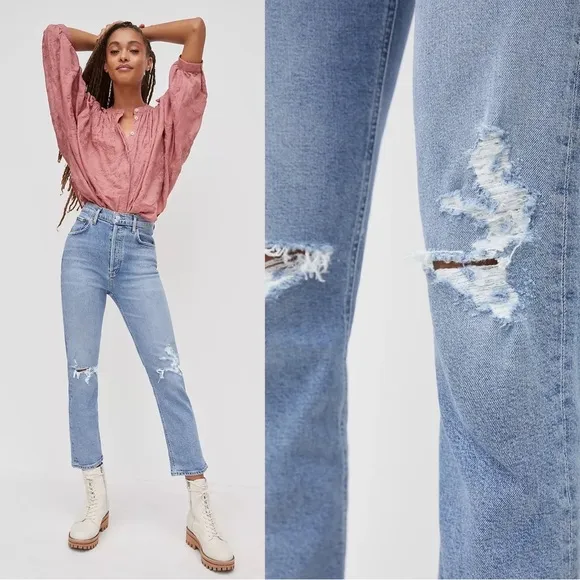 AGOLDE • Riley High Rise Straight Jean in Whiplash ankle distressed button fly
