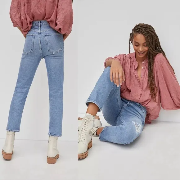 AGOLDE • Riley High Rise Straight Jean in Whiplash ankle distressed button fly