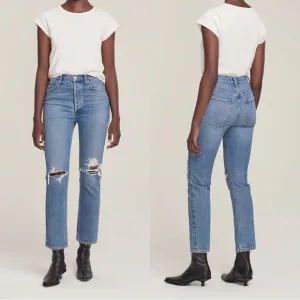 AGOLDE • Riley High Rise Straight Jean in Whiplash ankle distressed button fly