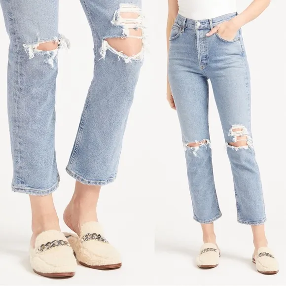 AGOLDE • Riley High Rise Straight Jean in Whiplash ankle distressed button fly