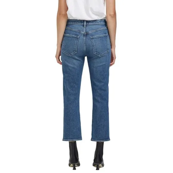 Agolde Riley High Rise Straight Leg Cropped Denim Jean Transfer Blue Size 24
