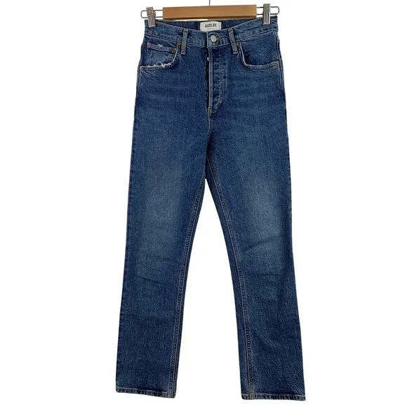 Agolde Riley High Rise Straight Leg Cropped Denim Jean Transfer Blue Size 24