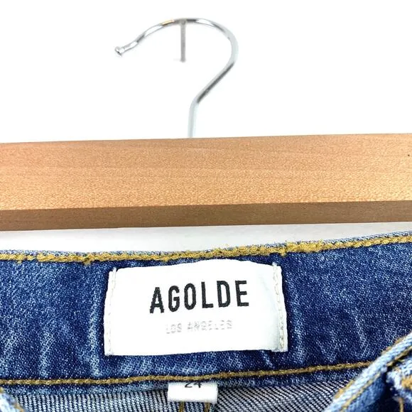 Agolde Riley High Rise Straight Leg Cropped Denim Jean Transfer Blue Size 24
