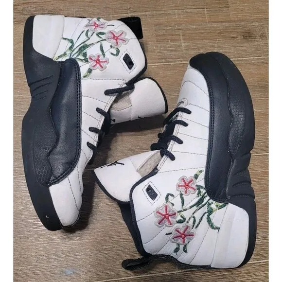 Air Jordan 12 Retro PS Mid Floral DR6954-100 Sz 12C White &amp; Black Sneakers