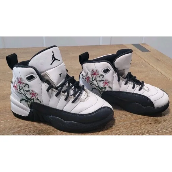 Air Jordan 12 Retro PS Mid Floral DR6954-100 Sz 12C White &amp; Black Sneakers