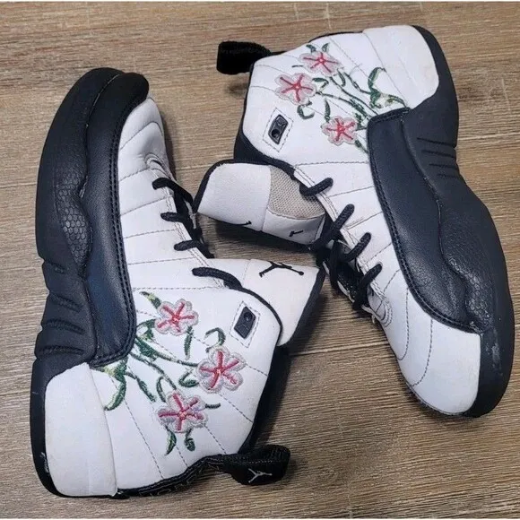 Air Jordan 12 Retro PS Mid Floral DR6954-100 Sz 12C White &amp; Black Sneakers