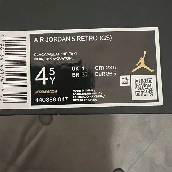 Air Jordan 5 Retro GS 'Aqua' Kids Sneakers Black Size 4.5Y
