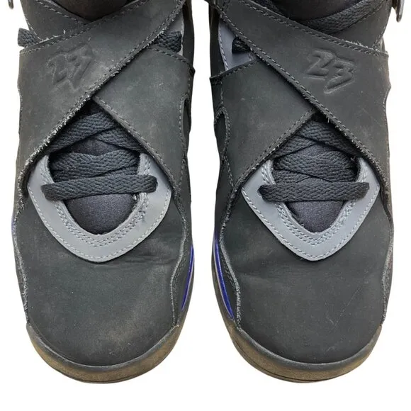 Air Jordan 8 Retro BG Youth Black/Grey Nubuck &amp; Aqua Blue Sneakers Sz 5Y