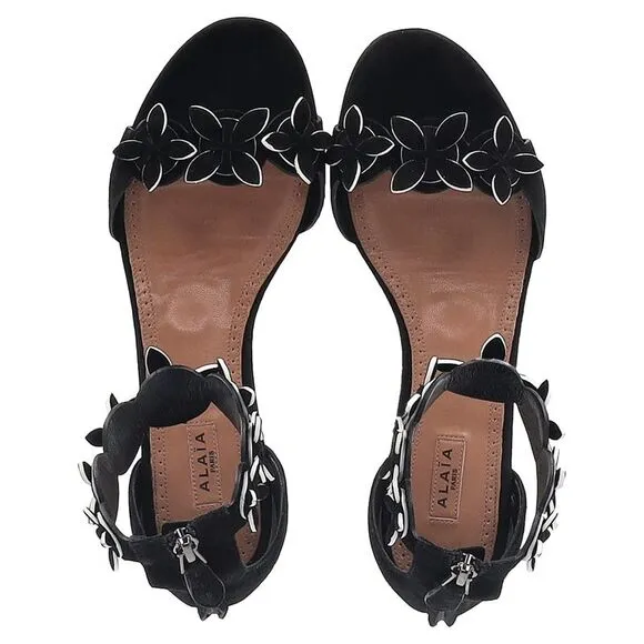 Alaïa Flower Detail Sandals in Black Suede