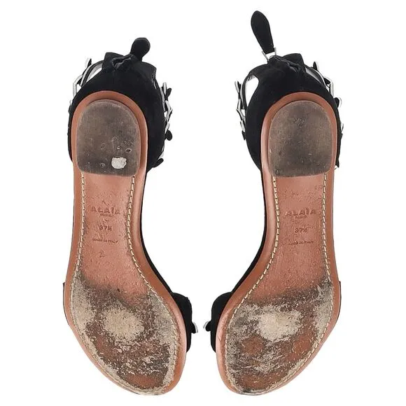 Alaïa Flower Detail Sandals in Black Suede