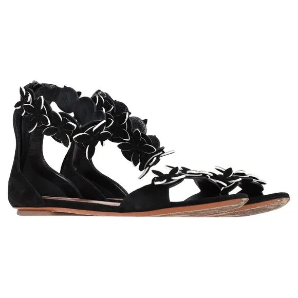 Alaïa Flower Detail Sandals in Black Suede