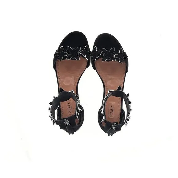 Alaïa Flower Detail Sandals in Black Suede