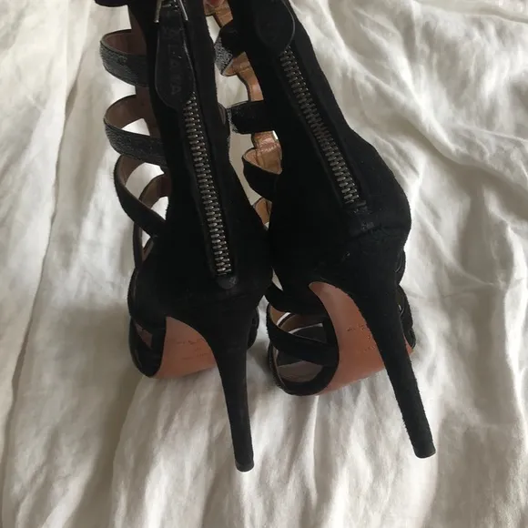 Alaia black suede cage high heel zip sandal 36