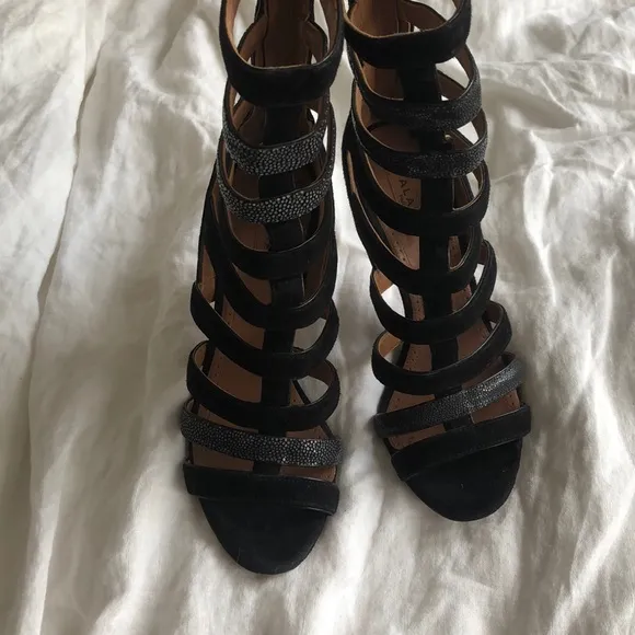 Alaia black suede cage high heel zip sandal 36