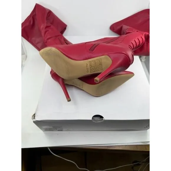 Aldo Mereallyra Thigh-High Boots Leather Stiletto Heel Slip-On Red Womens Sz 8.5