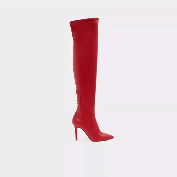 Aldo Mereallyra Thigh-High Boots Leather Stiletto Heel Slip-On Red Womens Sz 8.5