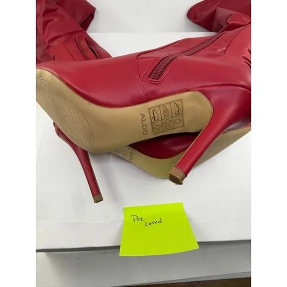 Aldo Mereallyra Thigh-High Boots Leather Stiletto Heel Slip-On Red Womens Sz 8.5