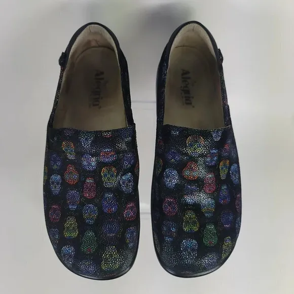 Alegria Keli Womens Professional Slip Resistant Black Sugar Skull Dottie Slip On