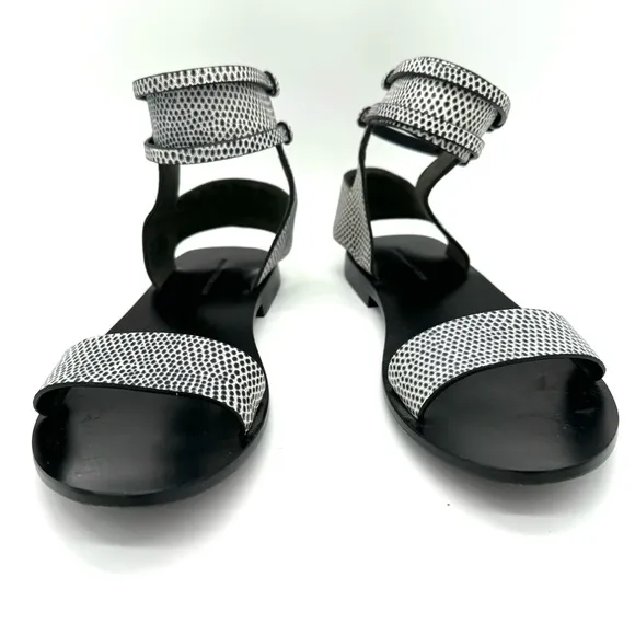 Alexander Wang Alek Ankle Cuff Flat Sandal black white embossed leather