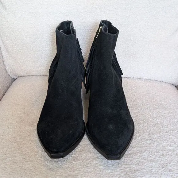 All Saints Black Suede Western Fringe Heeled Boots booties