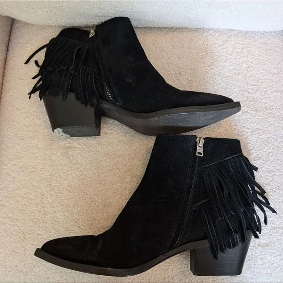 All Saints Black Suede Western Fringe Heeled Boots booties