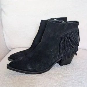 All Saints Black Suede Western Fringe Heeled Boots booties