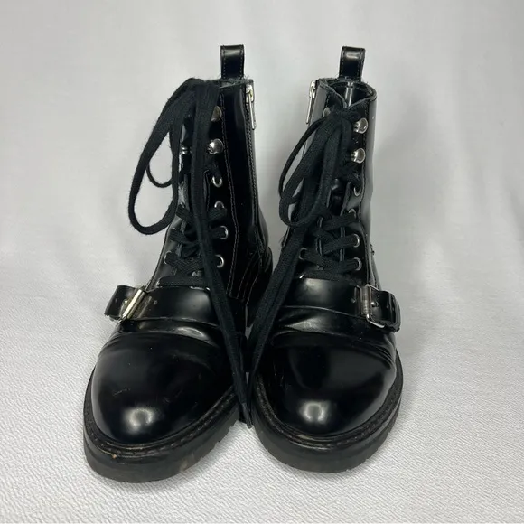 Allsaints Donita Black Leather Combat Lace Up Womens Biker Boots Size 37