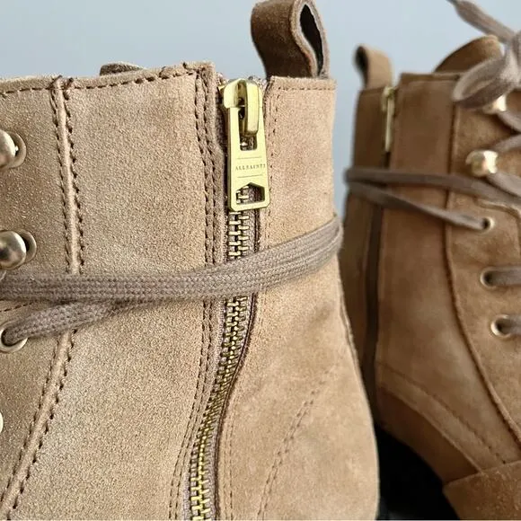 AllSaints Suede Lace Up Dark Sand Combat Boots
