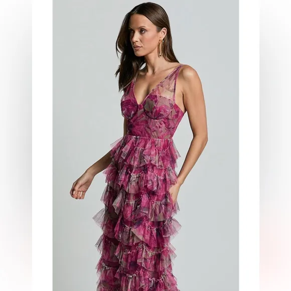 Amalie The Label Josette Pink Floral Tulle Tiered Gown Maxi Dress Prom